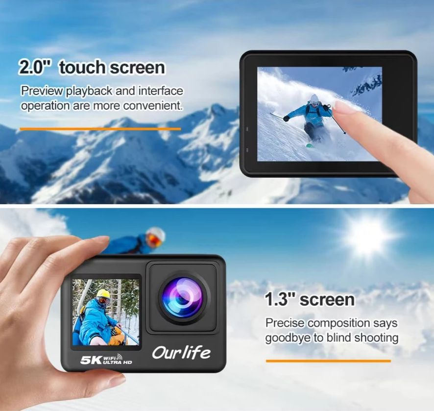 Câmara de Ação OURLIFE 5K + Acessórios - 5K30FPS e 4K/60FPS, Ecrã Tátil, Estabilização EIS Câmara de Ação OURLIFE 5K + Acessórios - 5K30FPS e 4K/60FPS, Ecrã Tátil, Estabilização EIS